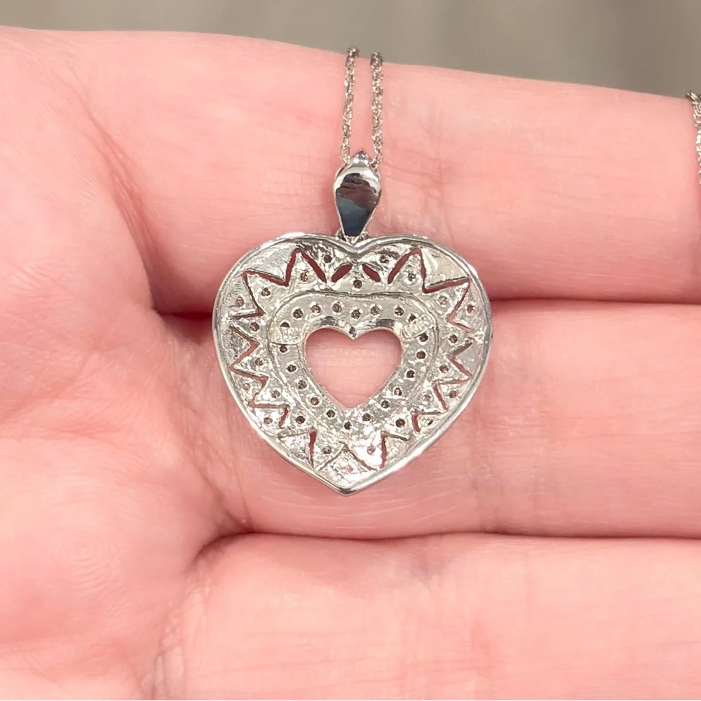 10K Diamond Heart Necklace, Dainty Filigree, Lavalier Style, White Gold, ADL - Picture 11 of 12